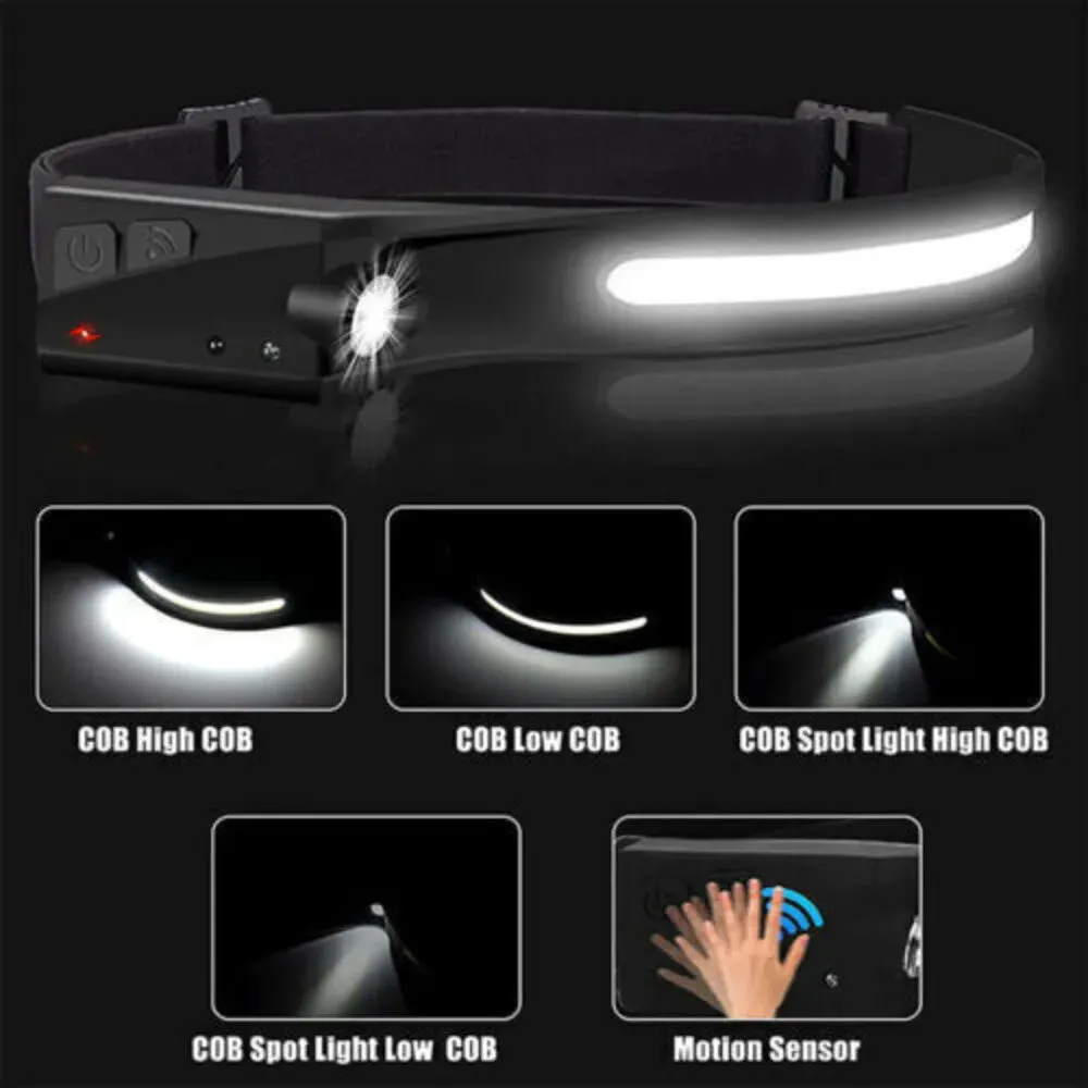 2PCS COB LED Headlamp Headlight Torch Work Light Bar Head Band Lamp USB Charging