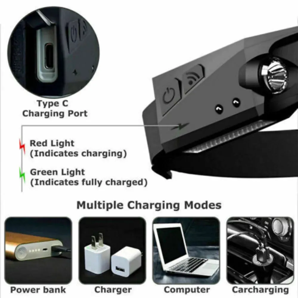 2PCS COB LED Headlamp Headlight Torch Work Light Bar Head Band Lamp USB Charging