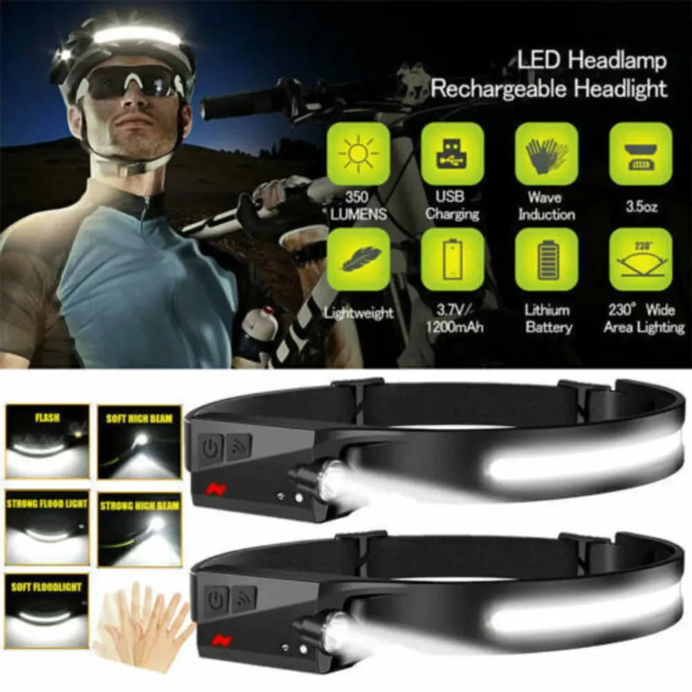 2PCS COB LED Headlamp Headlight Torch Work Light Bar Head Band Lamp USB Charging