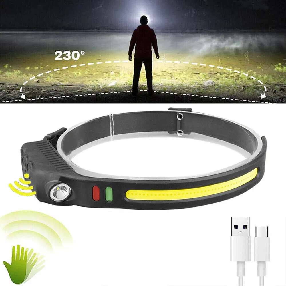 2PCS COB LED Headlamp Headlight Torch Work Light Bar Head Band Lamp USB Charging
