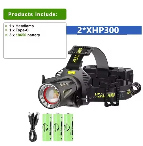 2*XHP300 White Yellow Light Super Bright Motion Sensor Headlamp with 3Pcs Rechargeable Battery Head Flashlight High Power Long Range 100000LM