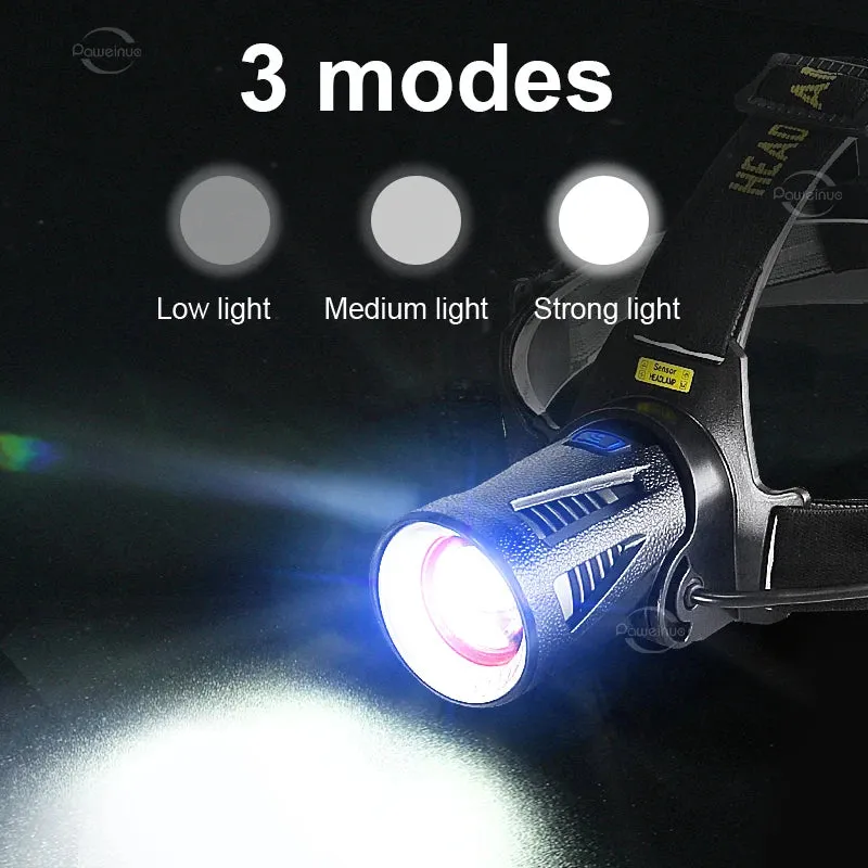 2*XHP300 White Yellow Light Super Bright Motion Sensor Headlamp with 3Pcs Rechargeable Battery Head Flashlight High Power Long Range 100000LM