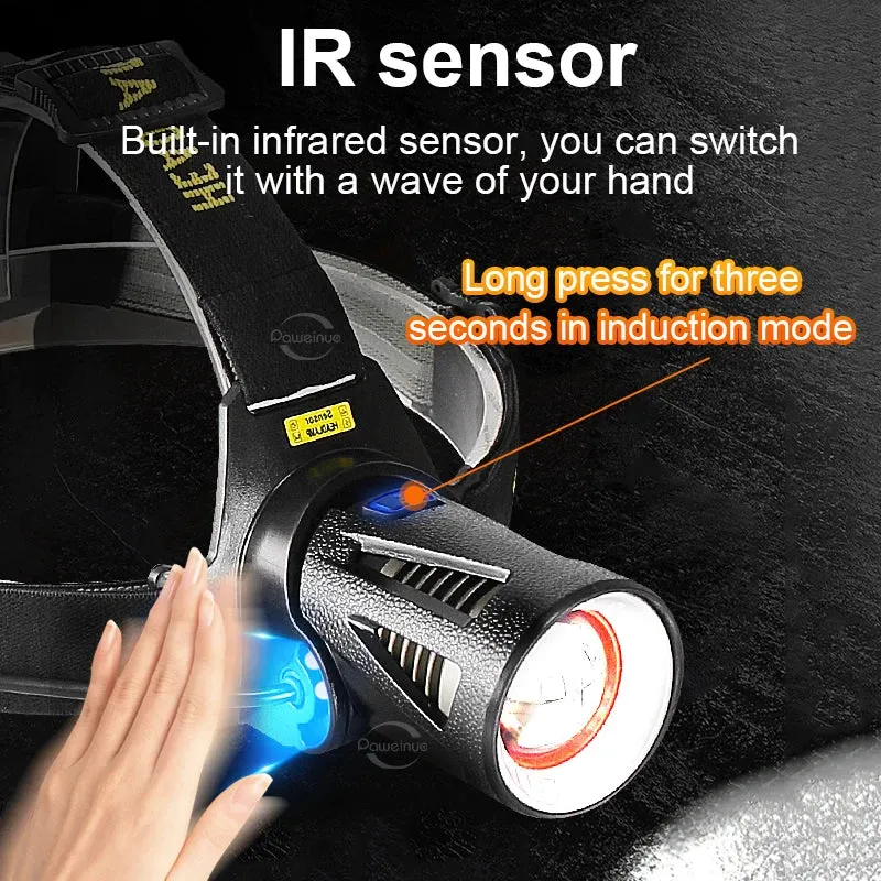 2*XHP300 White Yellow Light Super Bright Motion Sensor Headlamp with 3Pcs Rechargeable Battery Head Flashlight High Power Long Range 100000LM