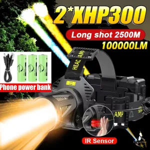 2*XHP300 White Yellow Light Super Bright Motion Sensor Headlamp with 3Pcs Rechargeable Battery Head Flashlight High Power Long Range 100000LM