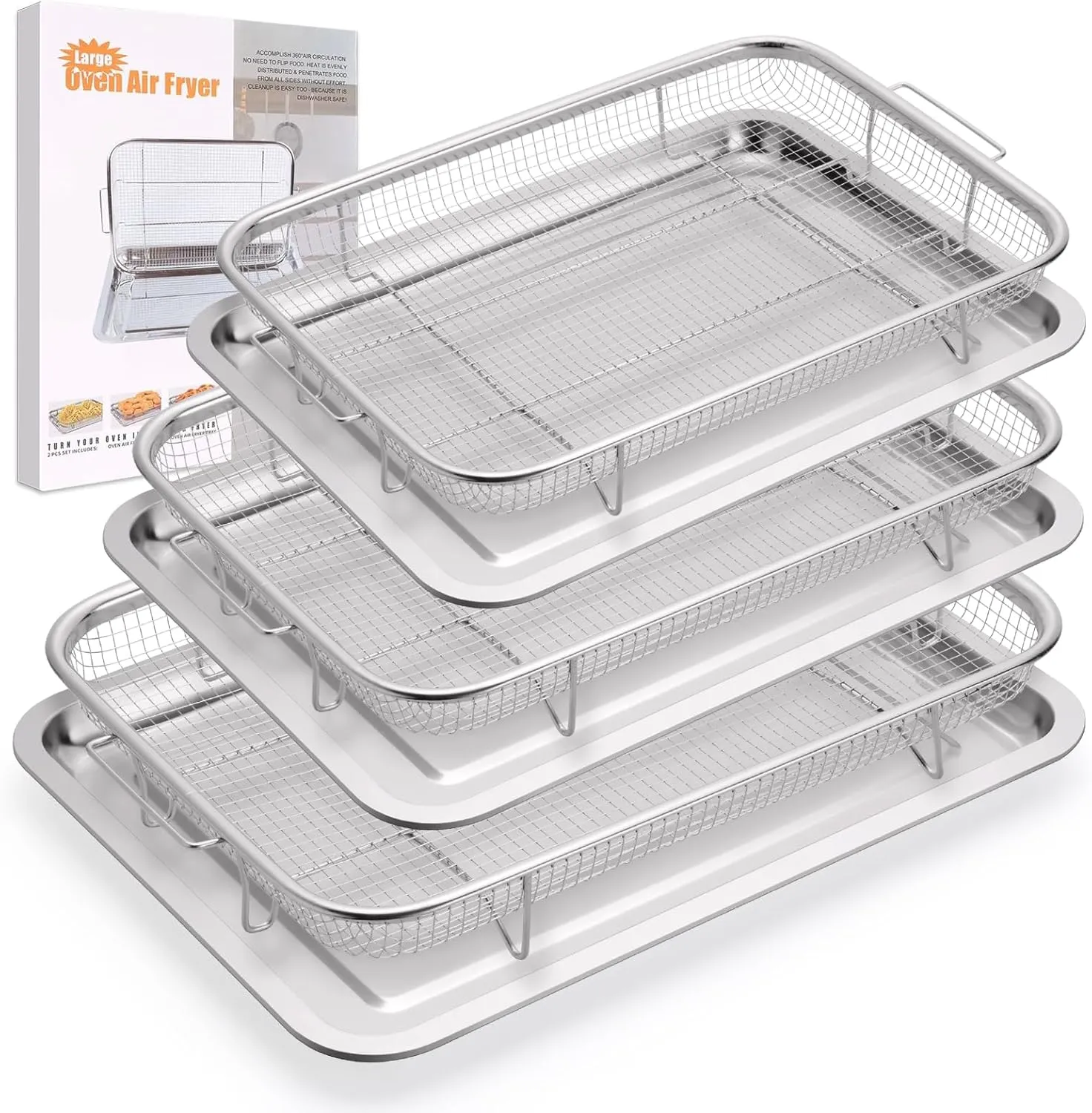 3 Pack Air Fryer Basket for Oven, Large Air Fryer Basket and Tray Stainless Steel Oven Air Fryer Pan Rack for Cooking Baking and Broiling,18.7"x12.8"15.7"x11.8"x12.8"x9.6"