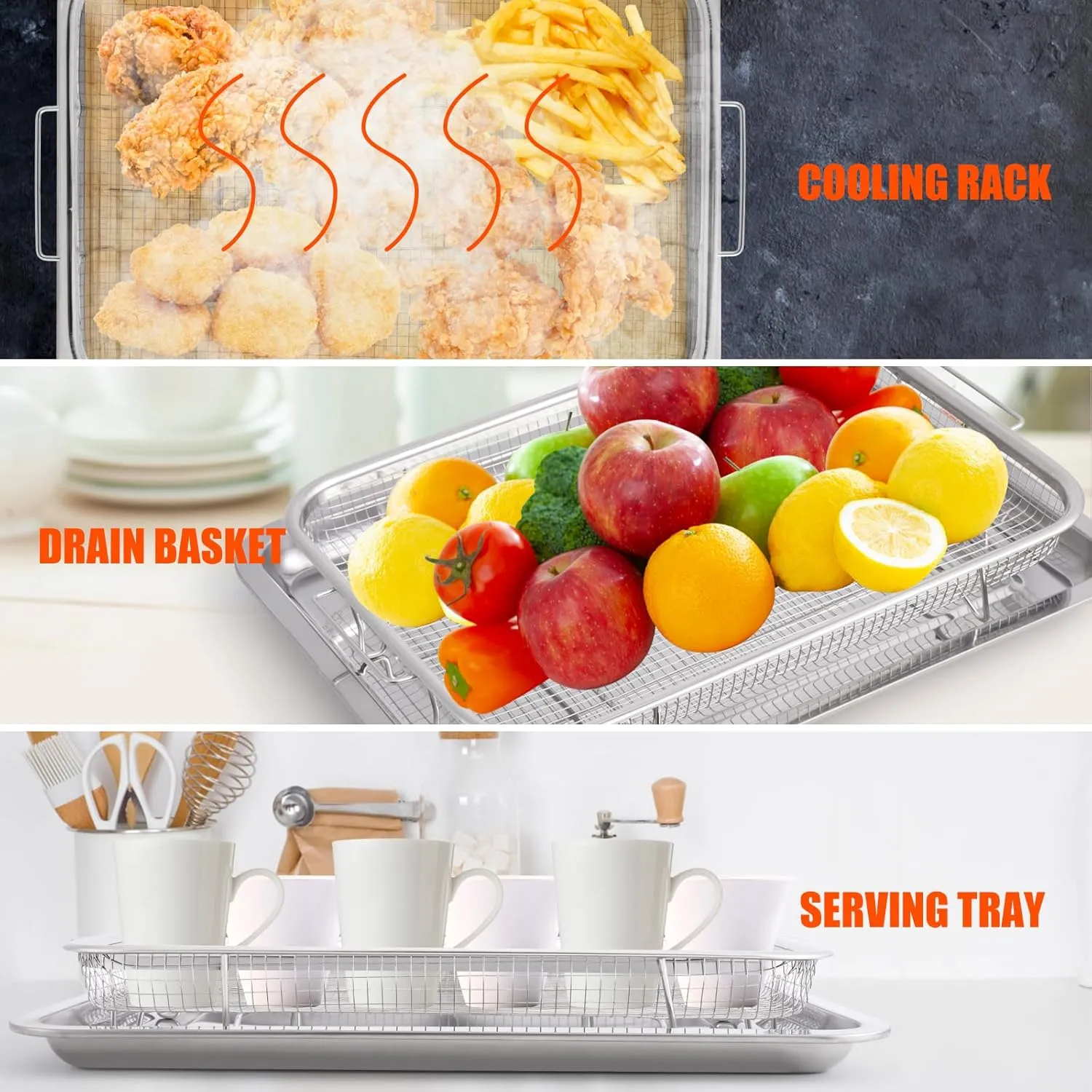 3 Pack Air Fryer Basket for Oven, Large Air Fryer Basket and Tray Stainless Steel Oven Air Fryer Pan Rack for Cooking Baking and Broiling,18.7"x12.8"15.7"x11.8"x12.8"x9.6"