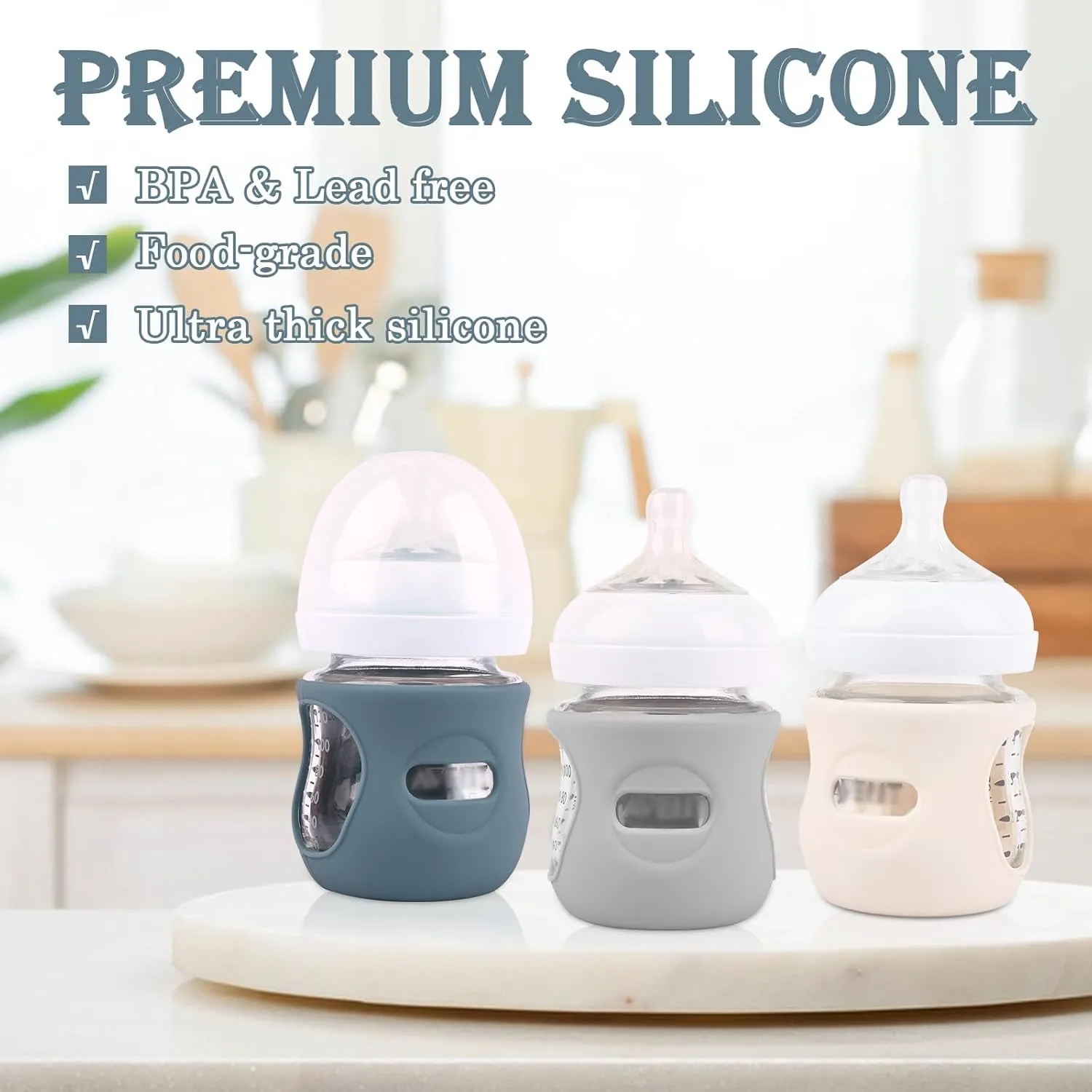 3 Pack Silicone Sleeves for Avent Natural Glass Baby Bottles, Anti Breakage Baby Bottle Holder, Compatible Philips Avent Glass Natural Baby Bottle 4 oz(Grey Dark Blue Apricot)