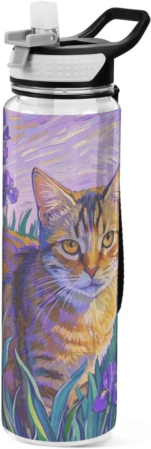 30 oz Cartoon cute brown cat purple flowers Travel Water Bottle Tritan BPA Free Leak Proof non toxic Jugs for Drinking for Car Cup Sports Collapsible