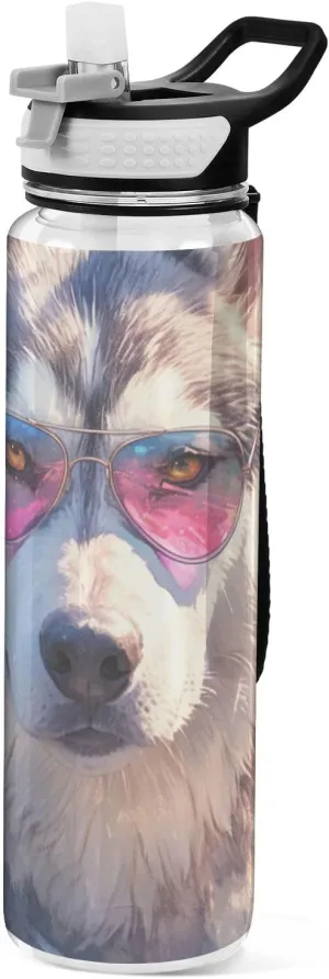 30 oz White husky dog with sunglasses Water Bottle with Handle Tritan Free BPA non toxic Water Jug with Spout for Yoga Gym Collapsible