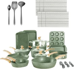 30 Piece Pots and Pans Set Non Stick, Nonstick Induction Granite Kitchen Cookware Sets, Induction Cookware and Bakeware Set, Nonstick Granite Cooking Set, Pan Sets for Cooking, Green