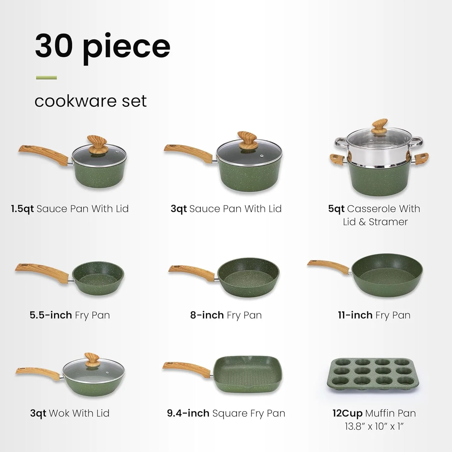 30 Piece Pots and Pans Set Non Stick, Nonstick Induction Granite Kitchen Cookware Sets, Induction Cookware and Bakeware Set, Nonstick Granite Cooking Set, Pan Sets for Cooking, Green