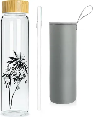 32 oz Glass Water Bottle with Straw, Wide Mouth Borosilicate Glass Bottle with Bamboo Lid and Neoprene Sleeve