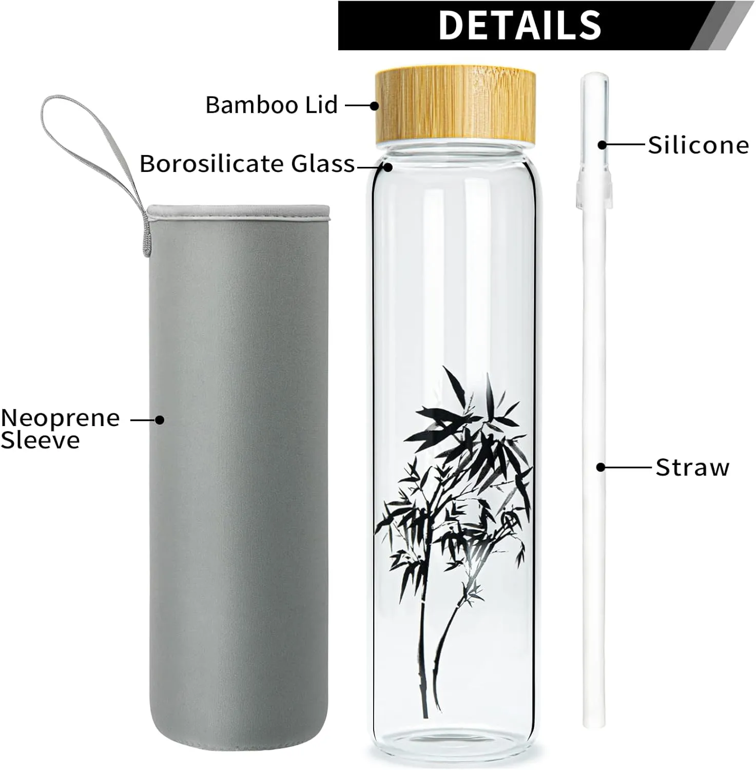 32 oz Glass Water Bottle with Straw, Wide Mouth Borosilicate Glass Bottle with Bamboo Lid and Neoprene Sleeve