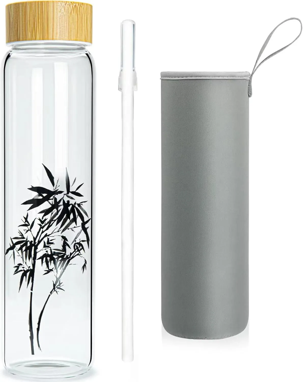 32 oz Glass Water Bottle with Straw, Wide Mouth Borosilicate Glass Bottle with Bamboo Lid and Neoprene Sleeve