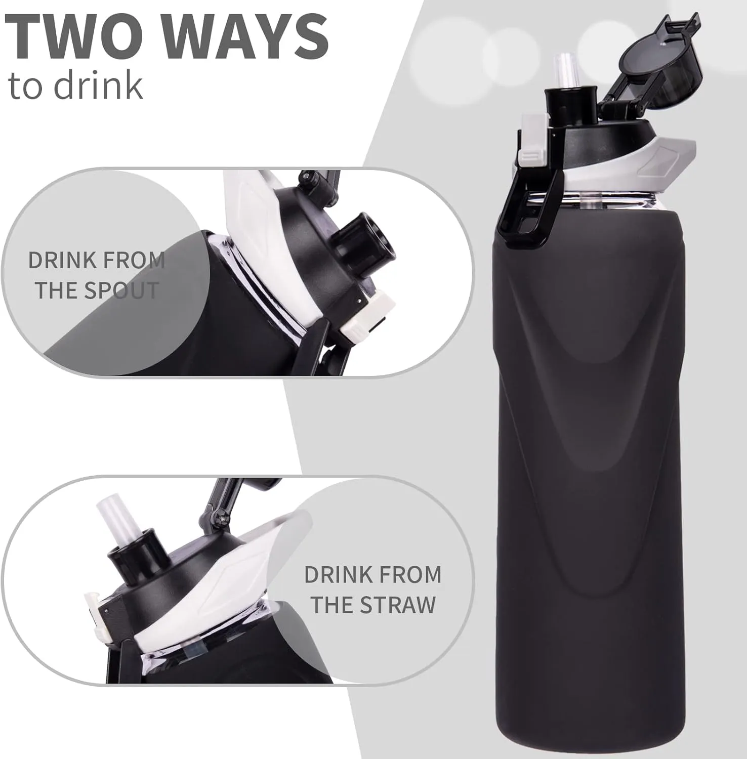 32 oz Sports Glass Water Bottle with Straw & Silicone Sleeve Reusable BPA-free Borosilicate Glass Drinking Bottle with Flip Top Lid & Handle Wide Mouth (Deep Black)