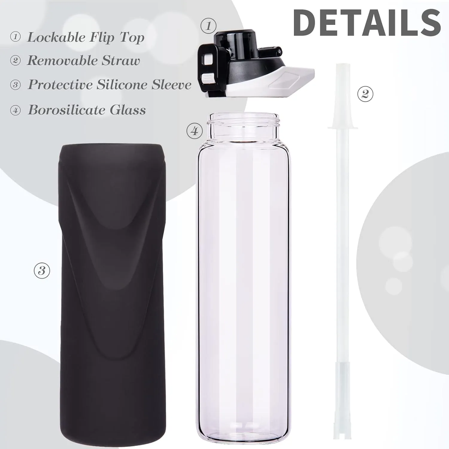 32 oz Sports Glass Water Bottle with Straw & Silicone Sleeve Reusable BPA-free Borosilicate Glass Drinking Bottle with Flip Top Lid & Handle Wide Mouth (Deep Black)