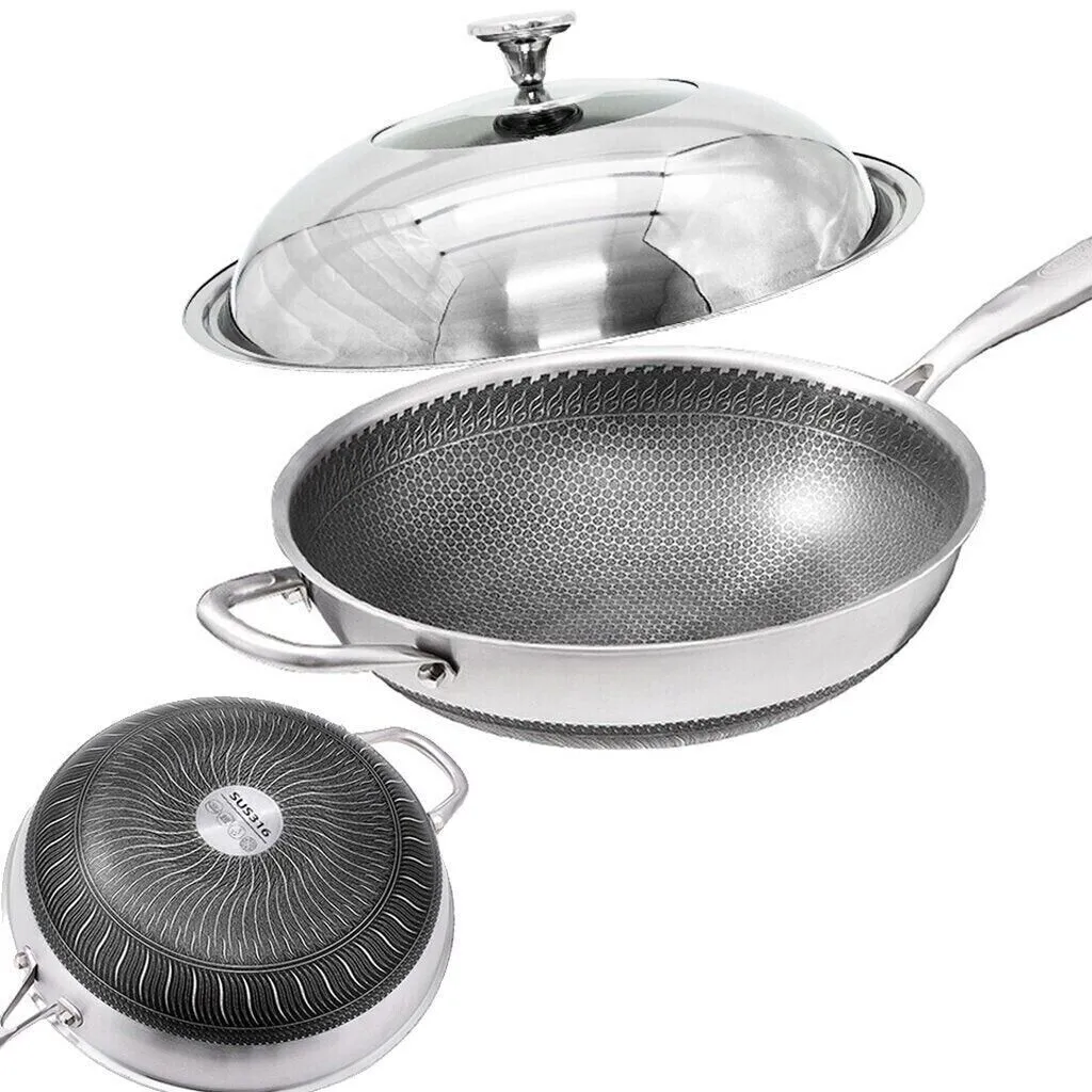 32cm 316 Stainless Steel Non-Stick Stir Fry Cooking Kitchen Wok Pan with Lid Hon