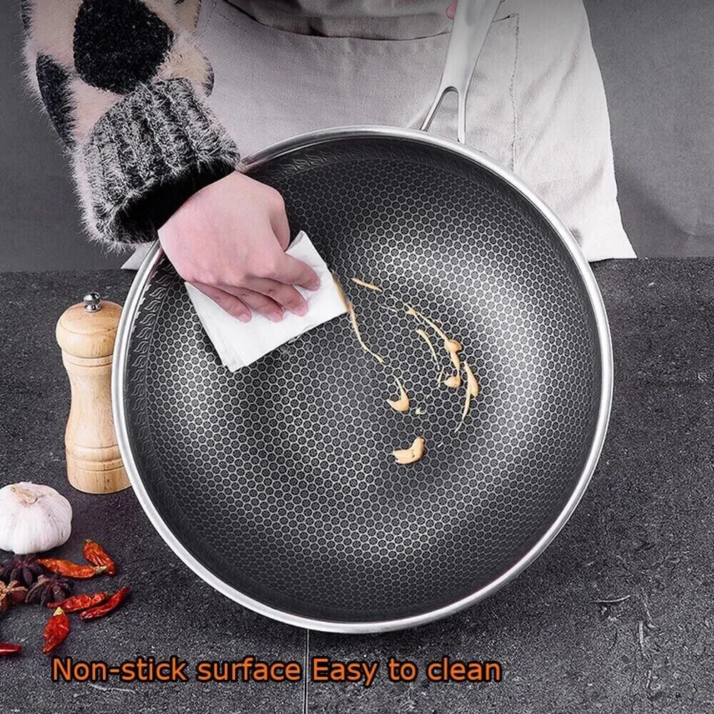 32cm 316 Stainless Steel Non-Stick Stir Fry Cooking Kitchen Wok Pan with Lid Hon