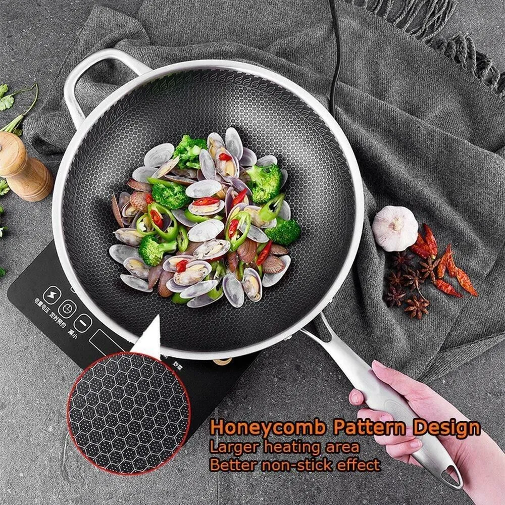 32cm 316 Stainless Steel Non-Stick Stir Fry Cooking Kitchen Wok Pan with Lid Hon