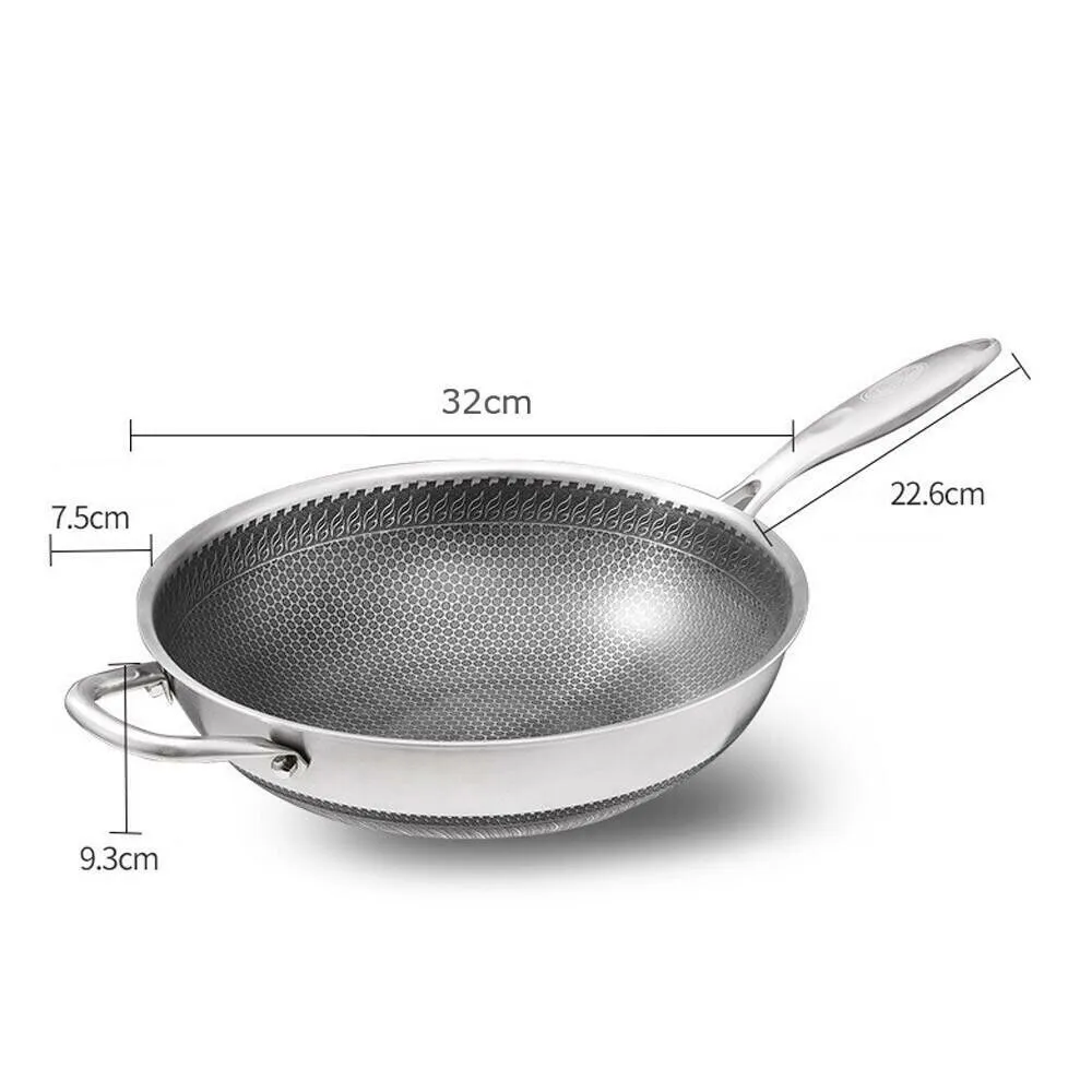 32cm 316 Stainless Steel Non-Stick Stir Fry Cooking Kitchen Wok Pan with Lid Hon