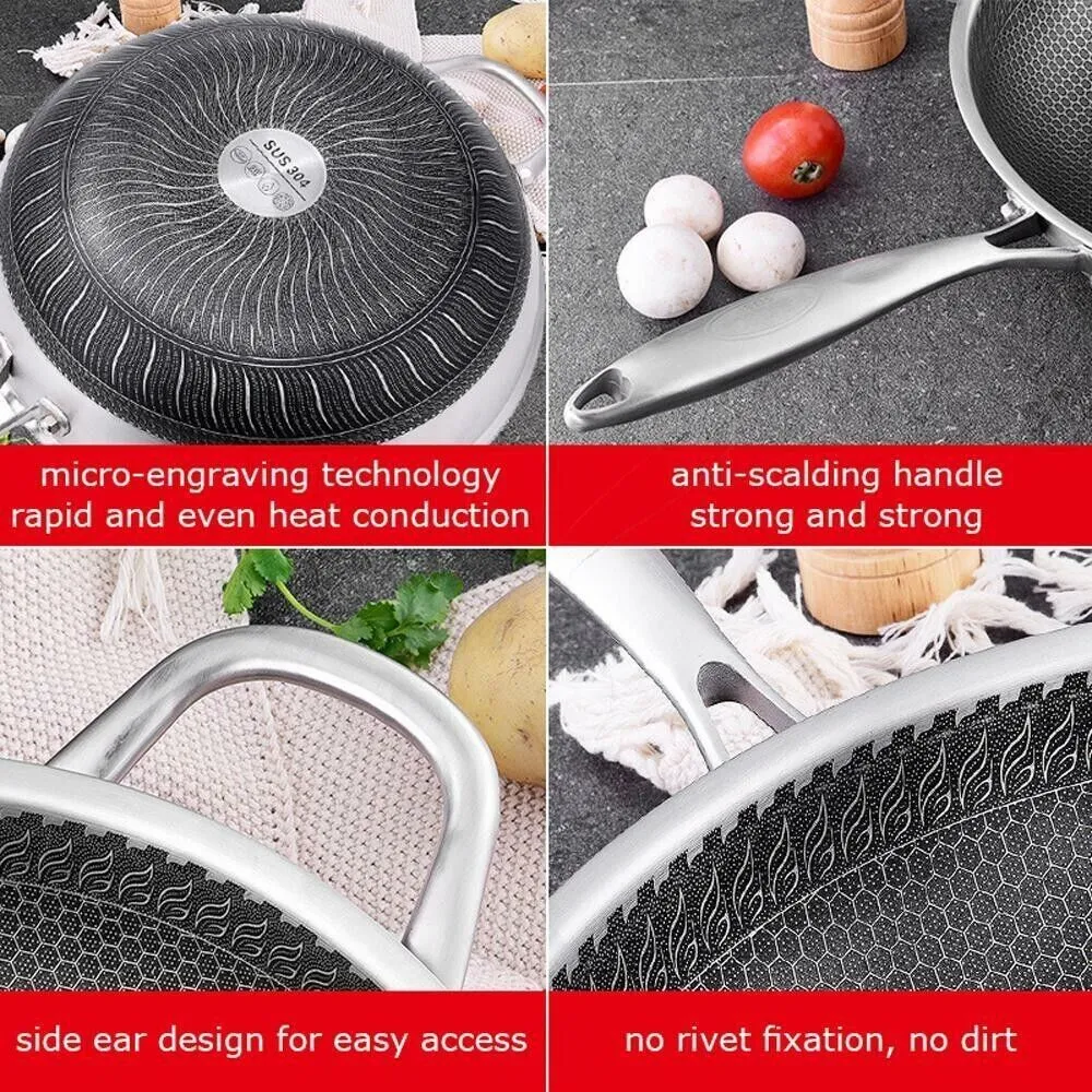 32cm 316 Stainless Steel Non-Stick Stir Fry Cooking Kitchen Wok Pan with Lid Hon