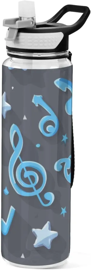 32oz Blue Musical Notes and Stars Sport Water Bottle Tritan No BPA non toxic Water Jug for Hiking Collapsible
