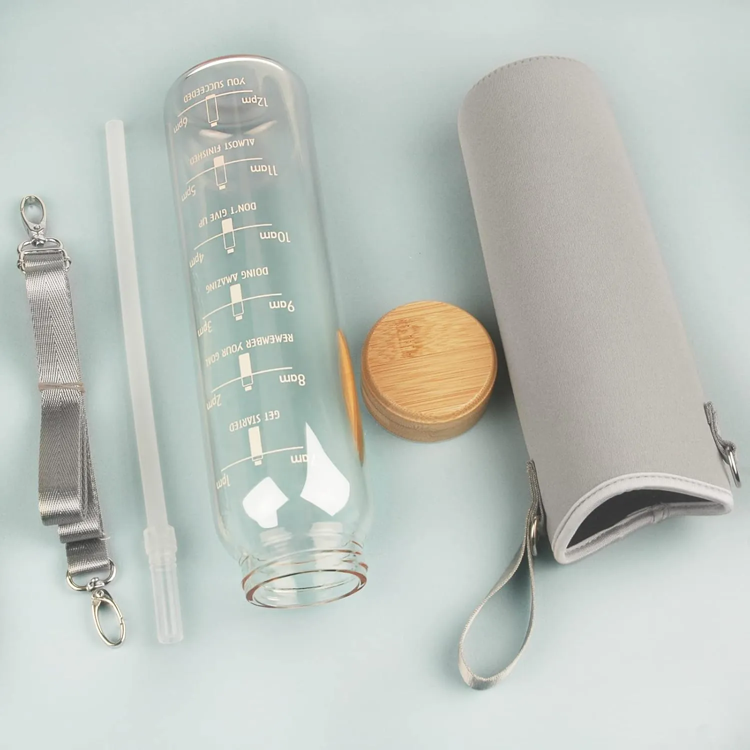 32oz Borosilicate Glass Water Bottle with Straw & Time Marker, Wide Mouth Motivational Water Bottle with Neoprene Sleeve and Bamboo Lid
