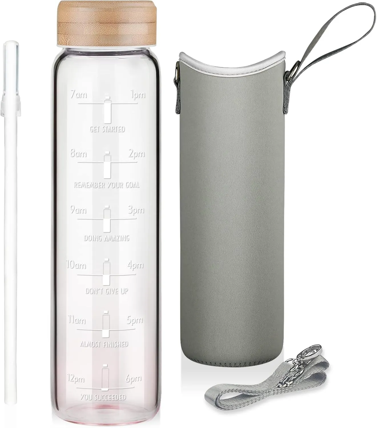32oz Borosilicate Glass Water Bottle with Straw & Time Marker, Wide Mouth Motivational Water Bottle with Neoprene Sleeve and Bamboo Lid