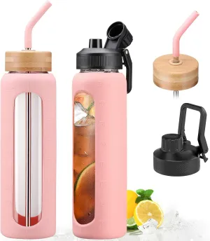 32oz Glass Water Bottle with Straw and 2 Lids- Bamboo Straw and Spout Lid with Phone Holder for Gym, Glass Drinking Bottles with Silicone Sleeve and Motivational Time Marker, Pink