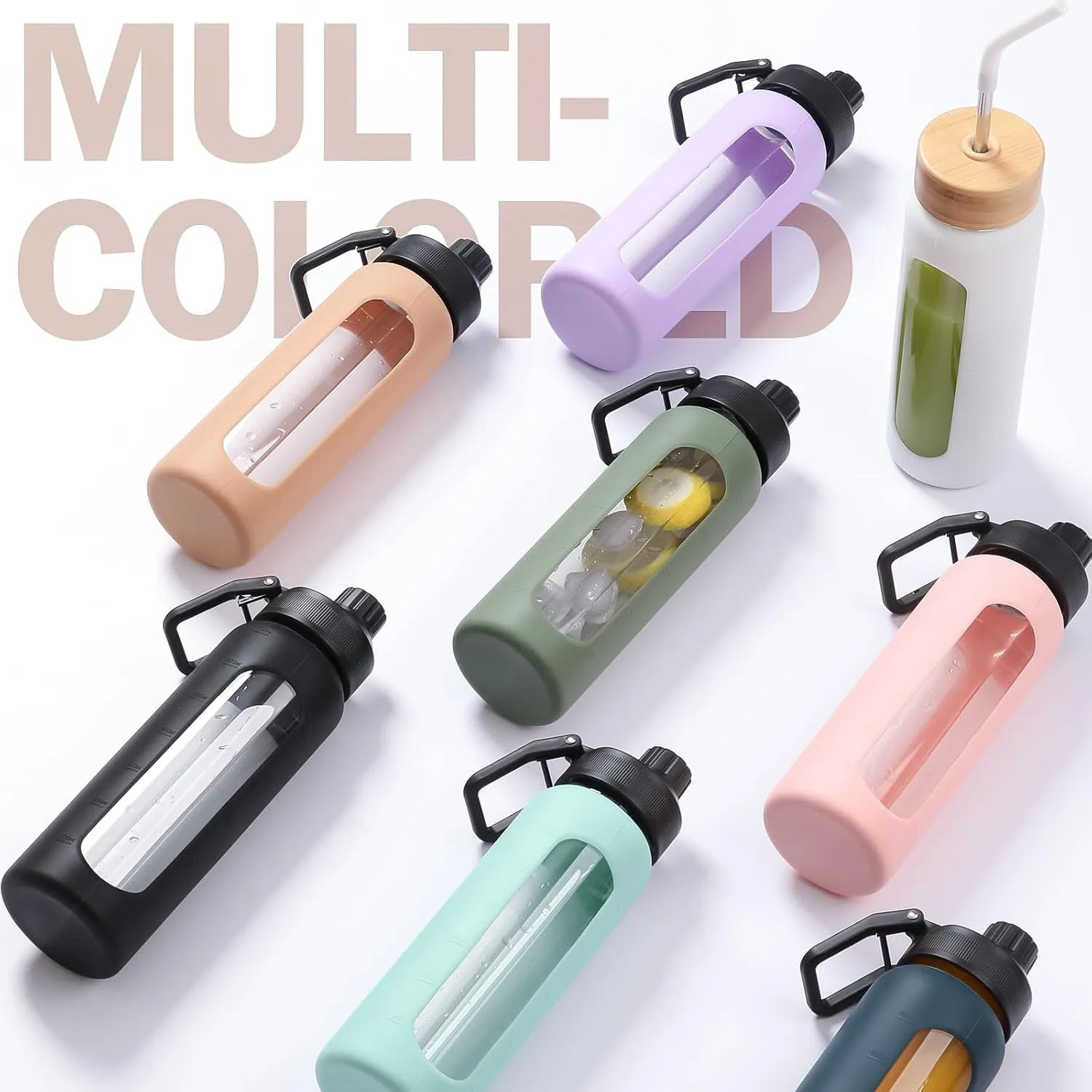 32oz Glass Water Bottle with Straw and 2 Lids- Bamboo Straw and Spout Lid with Phone Holder for Gym, Glass Drinking Bottles with Silicone Sleeve and Motivational Time Marker, Pink