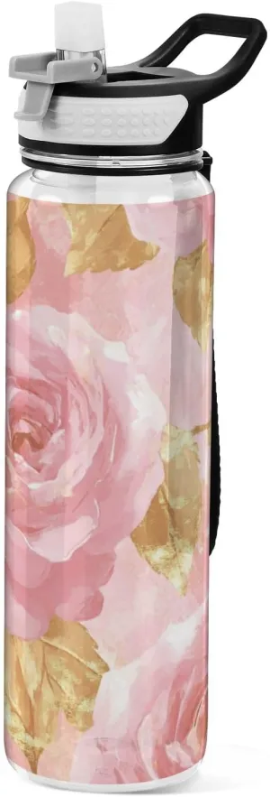 32oz Rose Gold Valentine Cartoon Rose Simply Modern Water Bottle Tritan Clear BPA Free non toxic Water Jug for Work for Fitness Collapsible