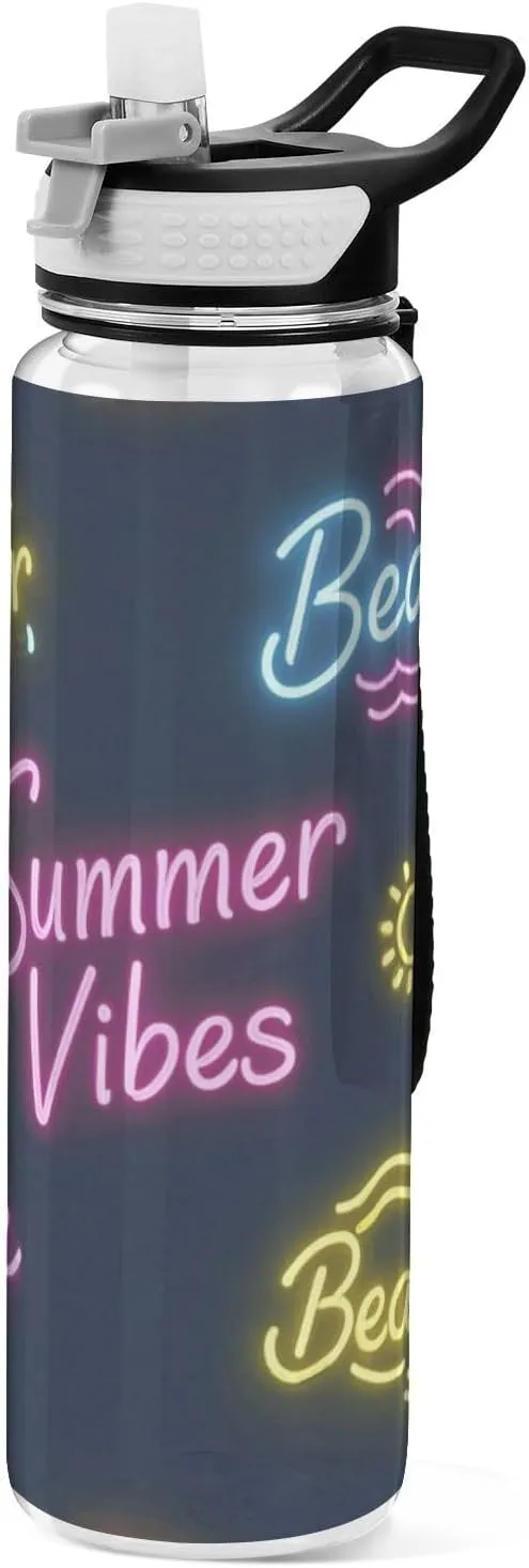 32oz Sun Neon Summer Vibes Beach Slim Water Bottle with Straw Tritan No BPA non toxic Water Jug with Handle for Camping Collapsible
