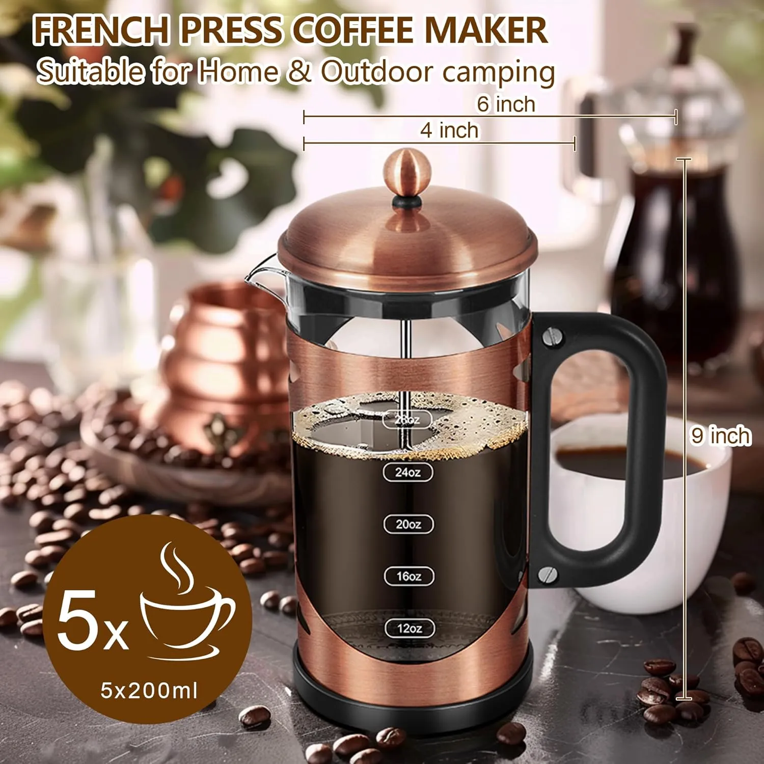 34 Ounce French Press Coffee Maker Copper Stainless Steel Coffee Press, with 4-Level Filter System, Heat Resistant Thickness Borosilicate Glass, BPA-Free Brewed Coffee Pot for Camping Gifts