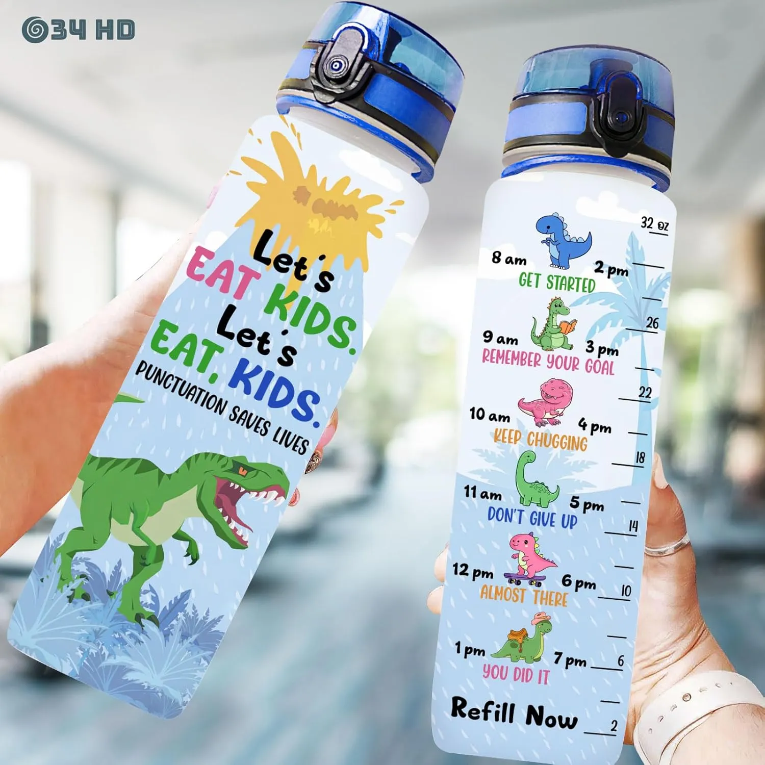 34HD 32oz Dinosaur Water Bottle with Time Marker, BPA Free Water Bottle with Fruit Strainer, Funny Mamasaurus Gifts, T Rex Mom Bottle, Cute Dino Hydration Bottle