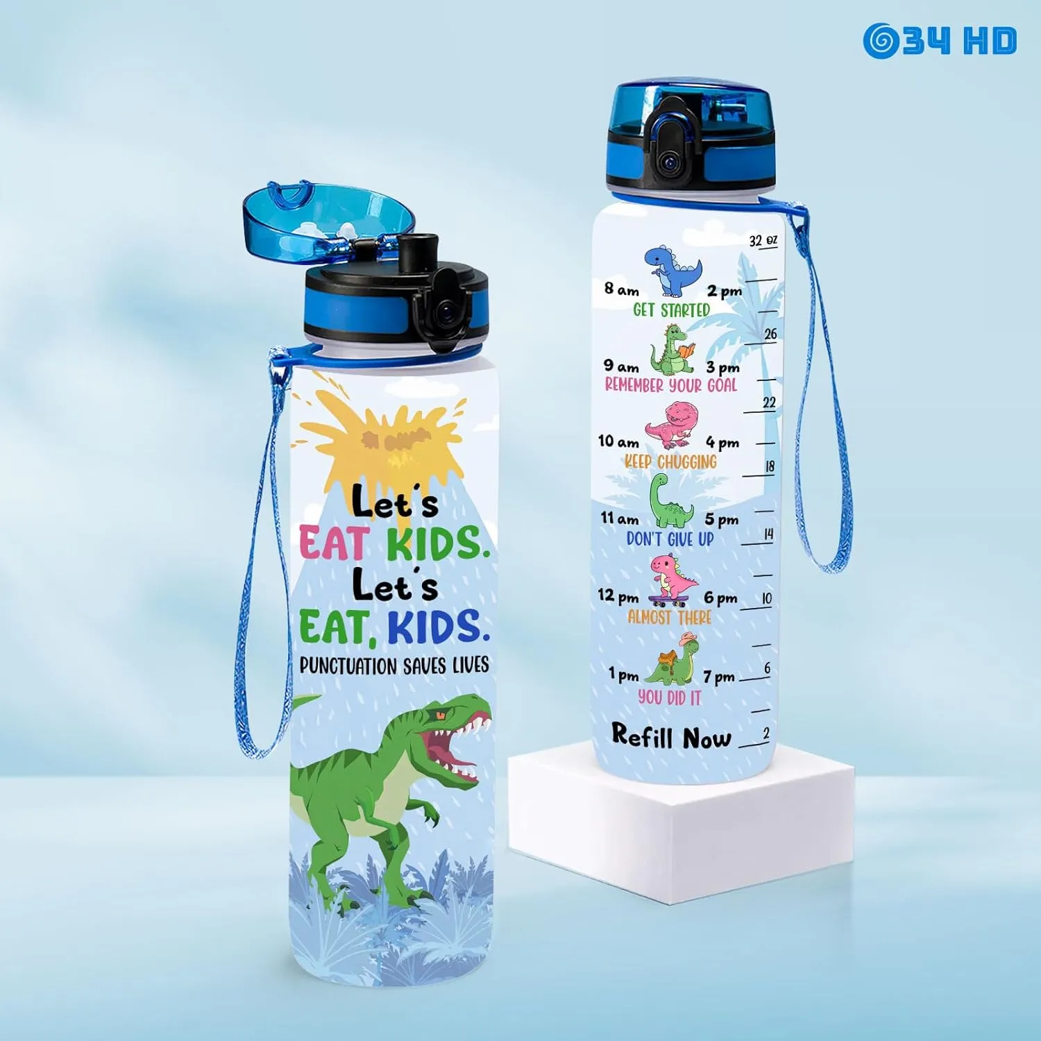 34HD 32oz Dinosaur Water Bottle with Time Marker, BPA Free Water Bottle with Fruit Strainer, Funny Mamasaurus Gifts, T Rex Mom Bottle, Cute Dino Hydration Bottle