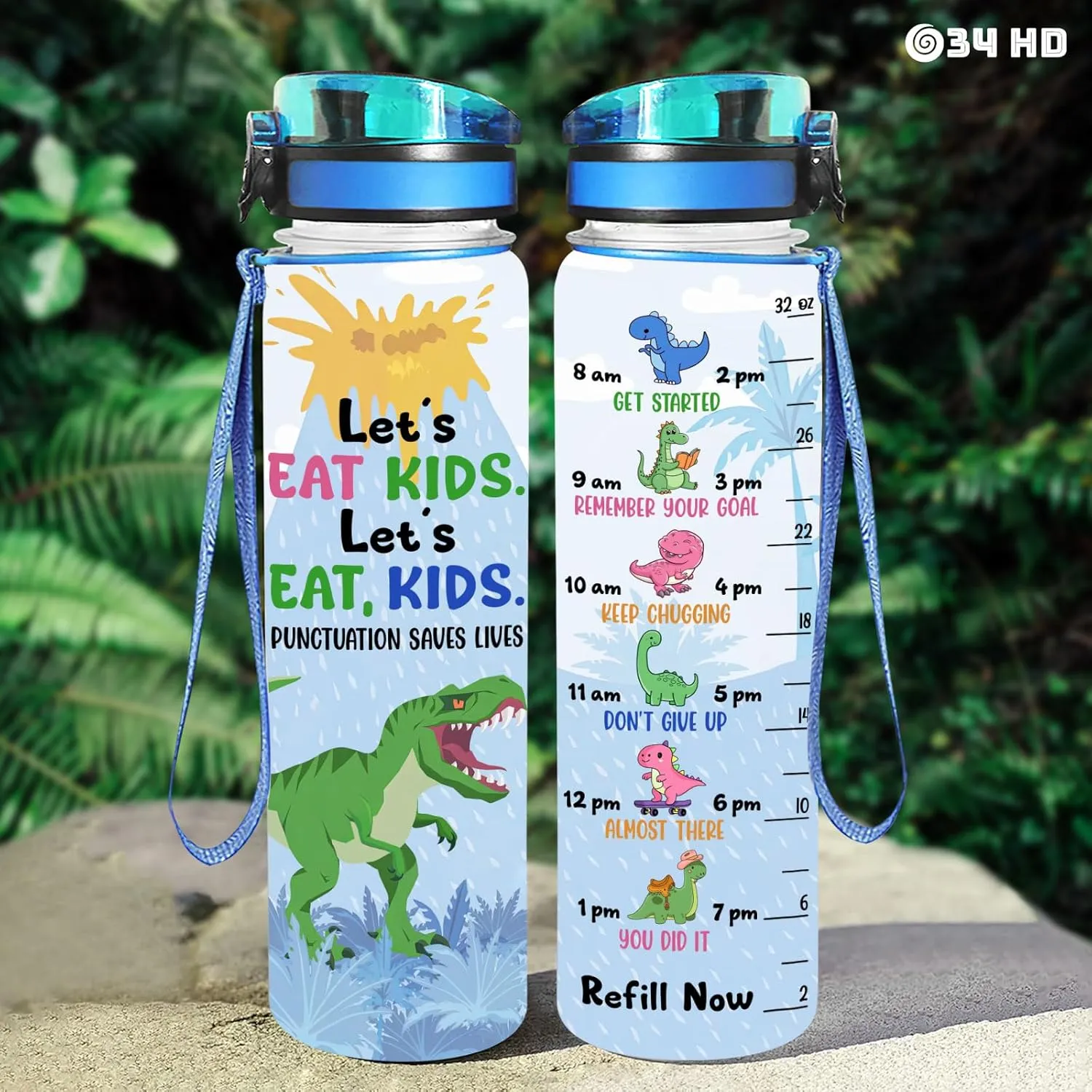 34HD 32oz Dinosaur Water Bottle with Time Marker, BPA Free Water Bottle with Fruit Strainer, Funny Mamasaurus Gifts, T Rex Mom Bottle, Cute Dino Hydration Bottle