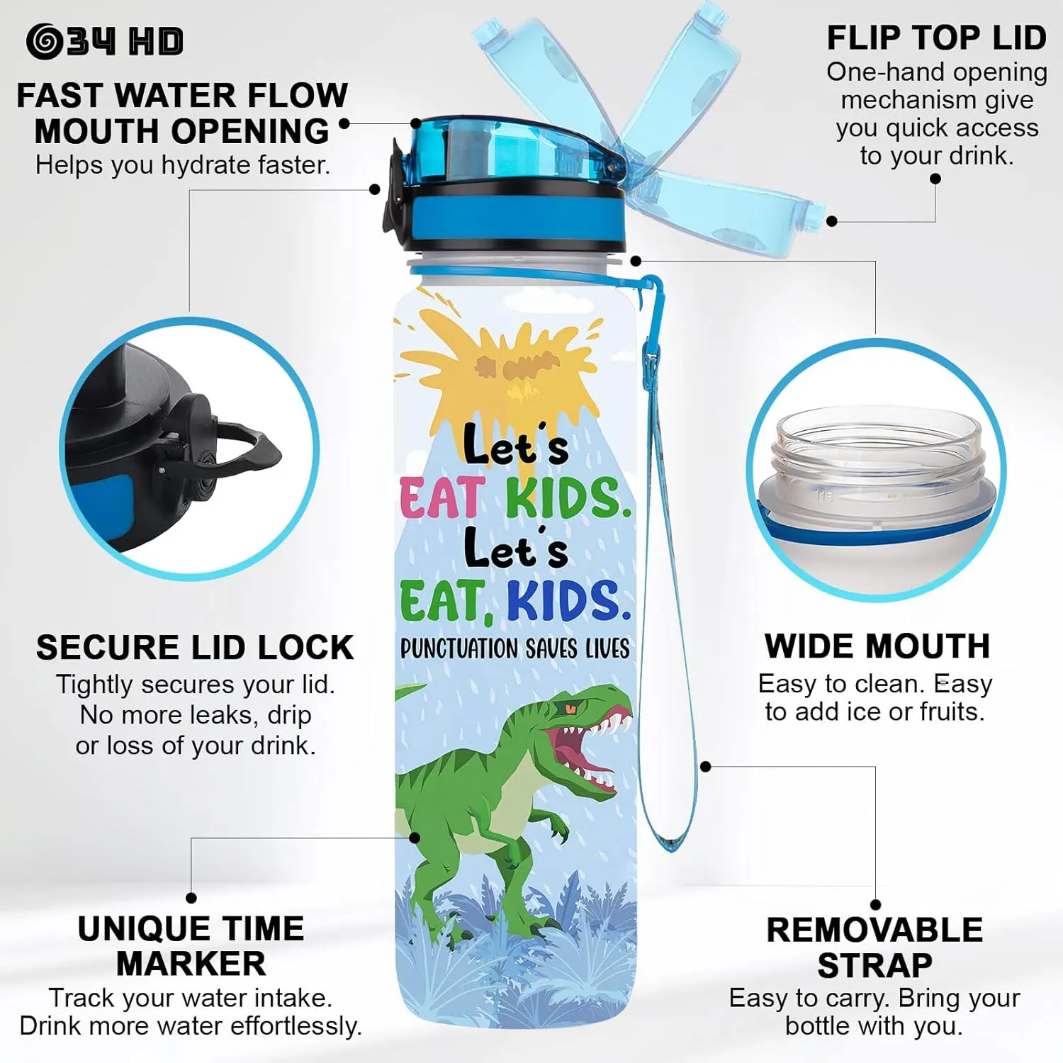 34HD 32oz Dinosaur Water Bottle with Time Marker, BPA Free Water Bottle with Fruit Strainer, Funny Mamasaurus Gifts, T Rex Mom Bottle, Cute Dino Hydration Bottle