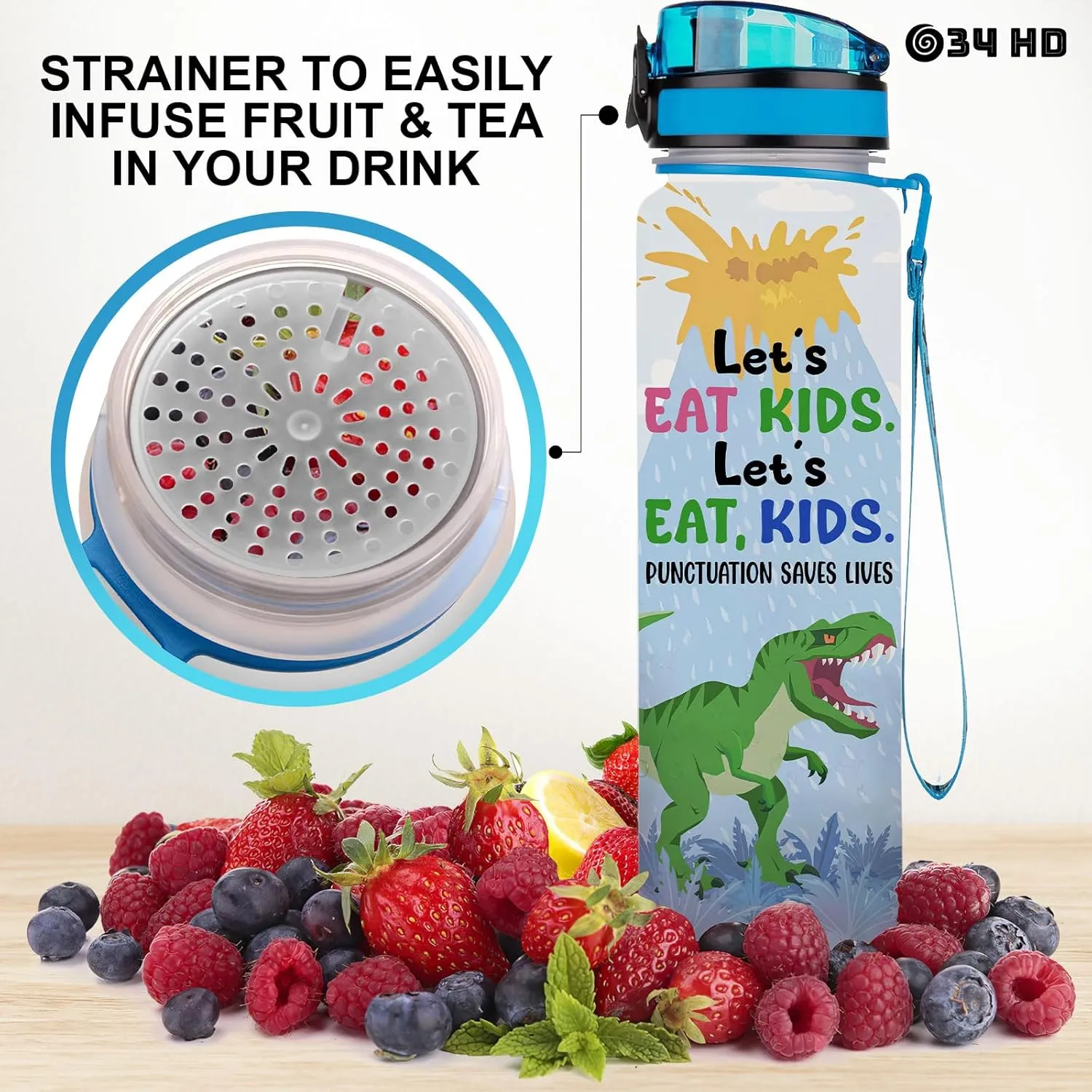 34HD 32oz Dinosaur Water Bottle with Time Marker, BPA Free Water Bottle with Fruit Strainer, Funny Mamasaurus Gifts, T Rex Mom Bottle, Cute Dino Hydration Bottle
