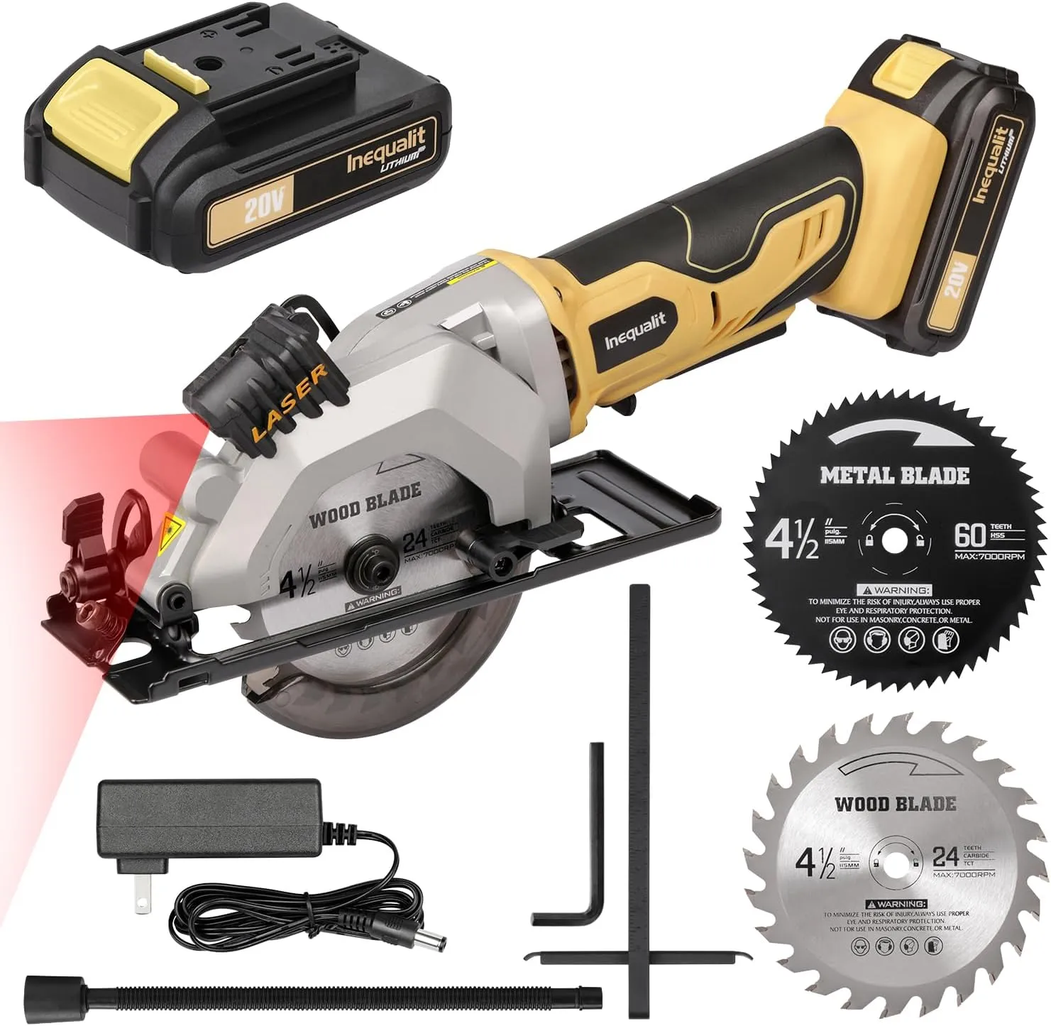 4-1/2 Inch Mini Circular Saw, 3400 RPM Cordless Circular Saw with Laser Guide, Rip Guides, 2 Blades (24T Wood   60T Metal), Max Cutting Depth 1-11/16" (90°), 1-1/8" (45°)"