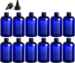 4 Ounce Boston Round Bottles, PET Plastic Empty Fillable BPA-Free, with Black Twist Caps (Pack of 12) (Blue)