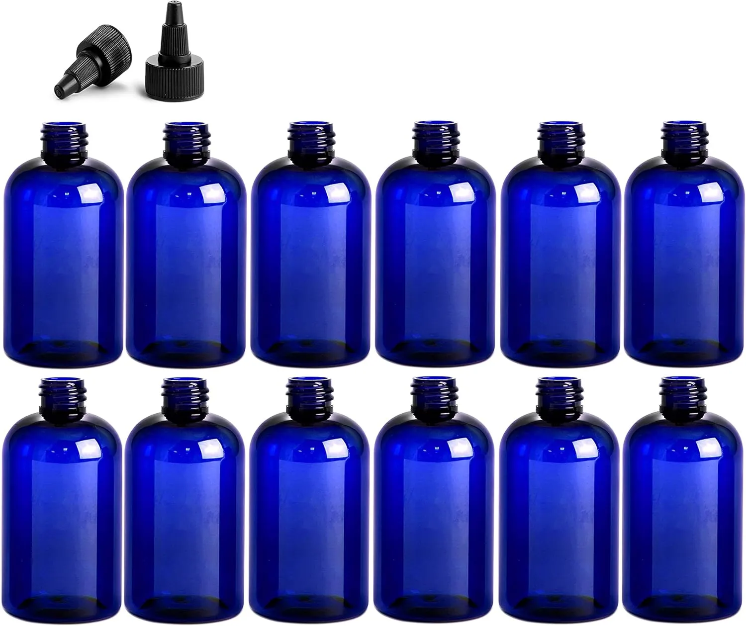 4 Ounce Boston Round Bottles, PET Plastic Empty Fillable BPA-Free, with Black Twist Caps (Pack of 12) (Blue)