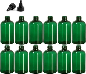 4 Ounce Boston Round Bottles, PET Plastic Empty Fillable BPA-Free, with Black Twist Caps (Pack of 12) (Green)