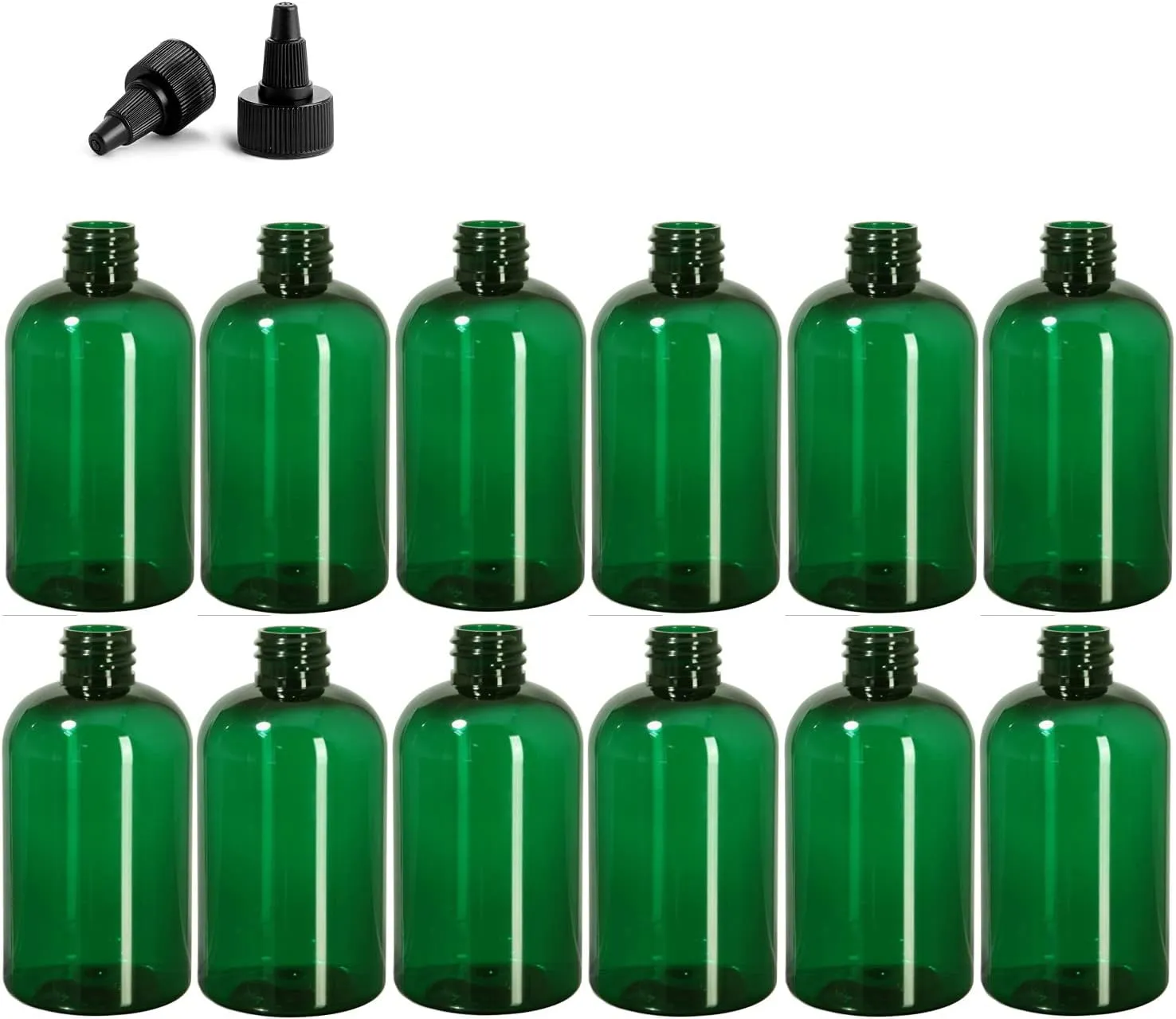 4 Ounce Boston Round Bottles, PET Plastic Empty Fillable BPA-Free, with Black Twist Caps (Pack of 12) (Green)