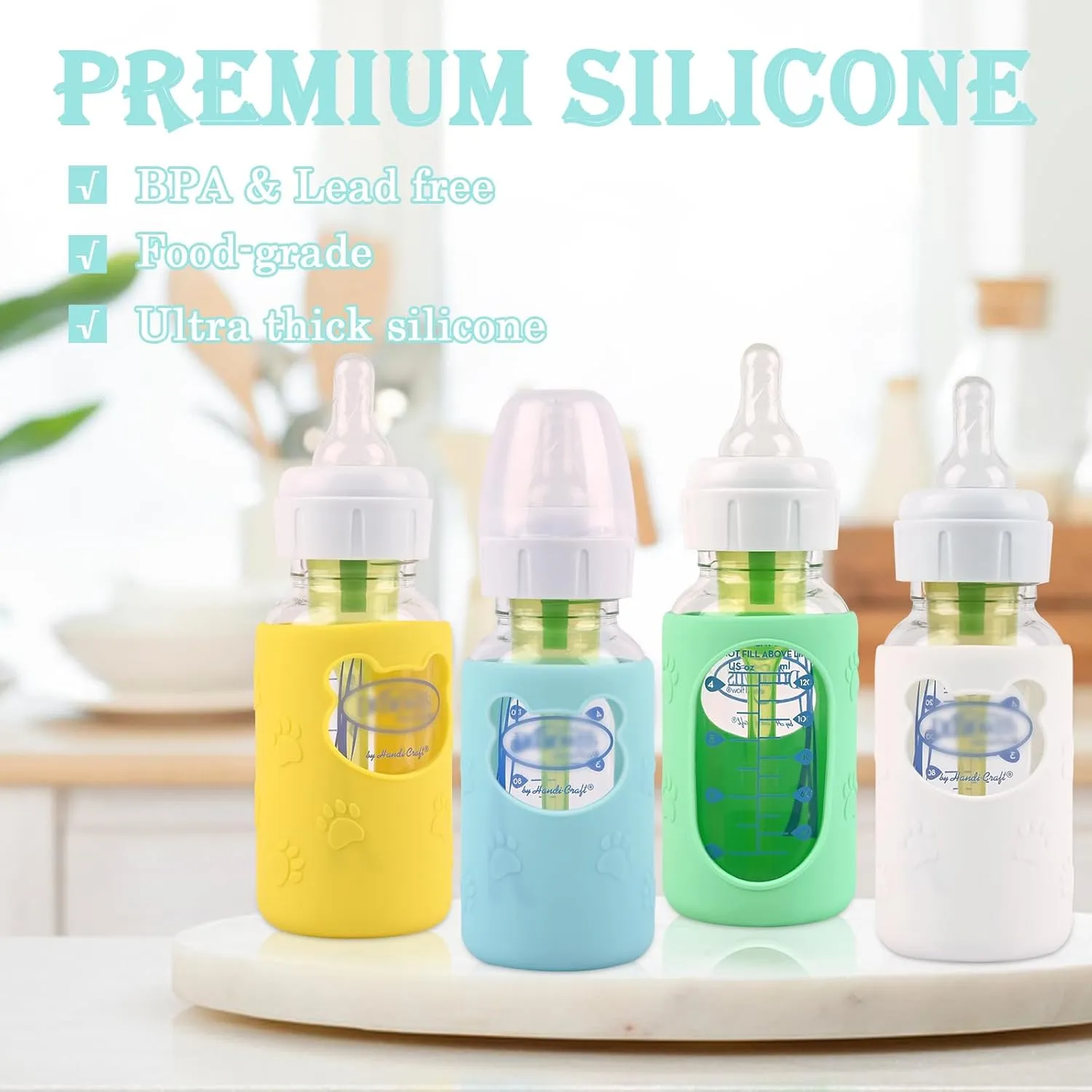4 Pack Silicone Sleeves for Dr Brown's Glass Baby Bottles, Anti Breakage Baby Bottle Holder, Compatible Dr. Brown's Natural Narrow Glass Baby Bottles 4 oz, BPA Free (White Blue Green Yellow)