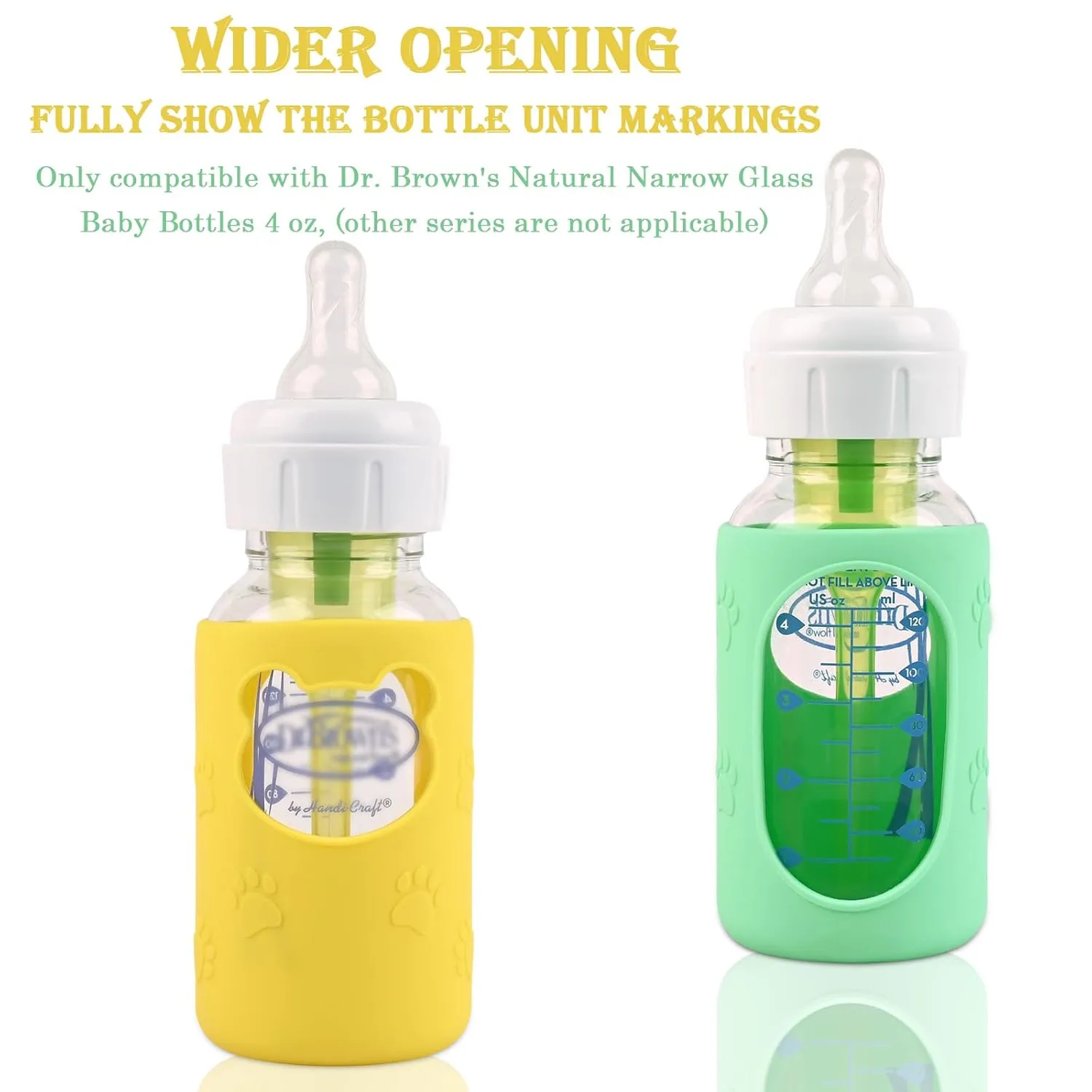 4 Pack Silicone Sleeves for Dr Brown's Glass Baby Bottles, Anti Breakage Baby Bottle Holder, Compatible Dr. Brown's Natural Narrow Glass Baby Bottles 4 oz, BPA Free (White Blue Green Yellow)
