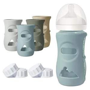 4 Pack Silicone Sleeves for Philips Avent Natural Glass Bottle, Food Grade Silicone Cover and 4pcs Travel Caps, Lids Replacement (Dark Blue Dark Green Grey Beige, 8oz)
