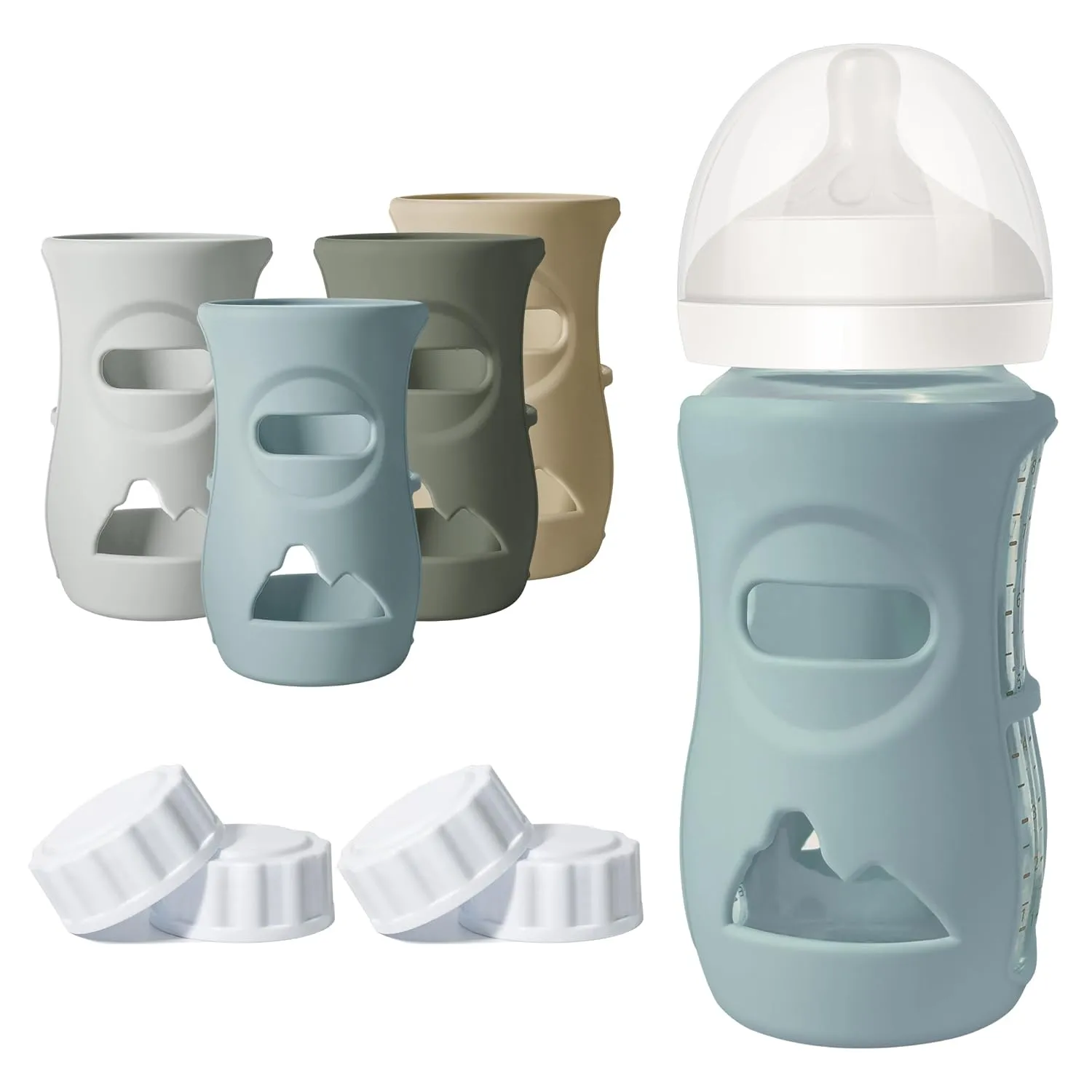 4 Pack Silicone Sleeves for Philips Avent Natural Glass Bottle, Food Grade Silicone Cover and 4pcs Travel Caps, Lids Replacement (Dark Blue Dark Green Grey Beige, 8oz)