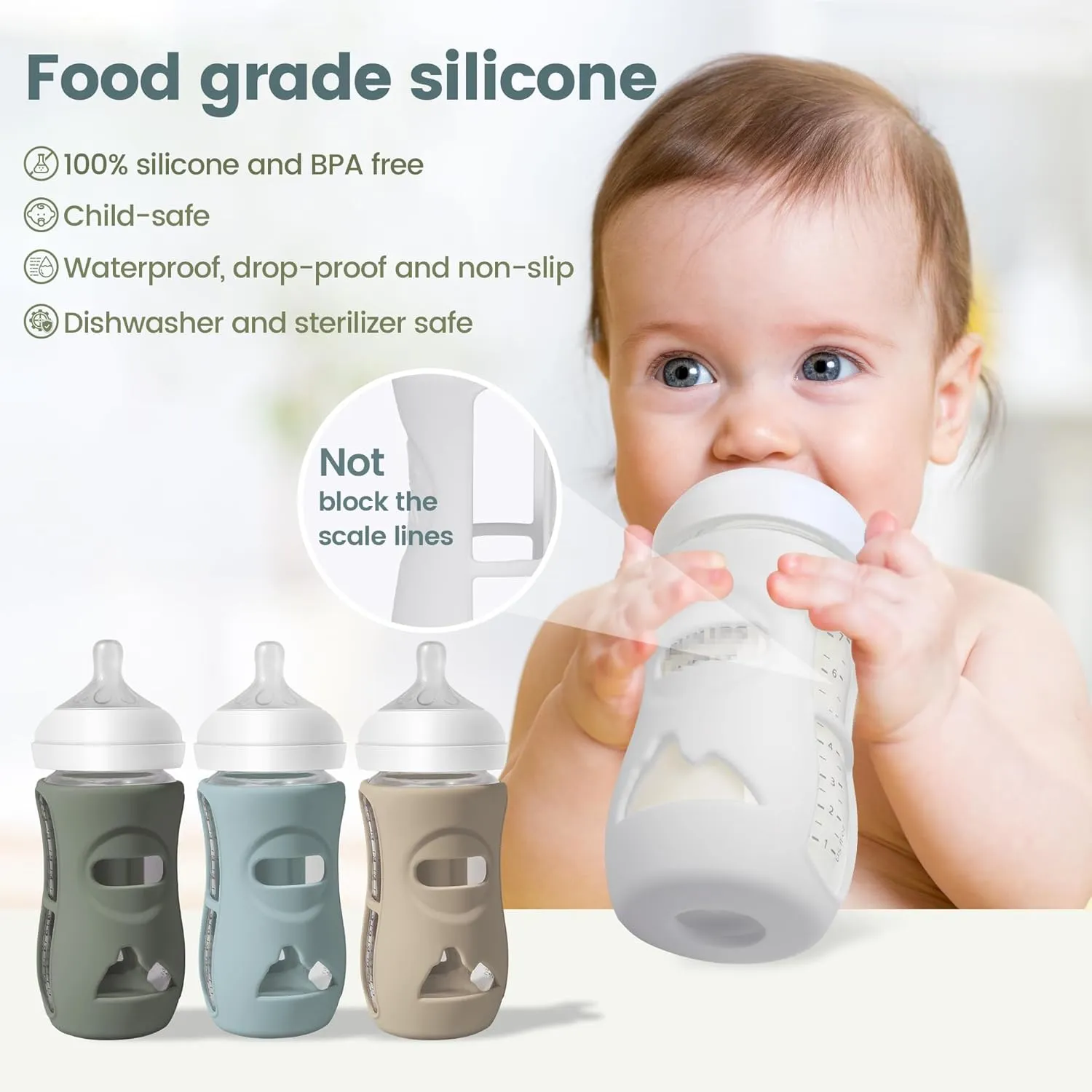 4 Pack Silicone Sleeves for Philips Avent Natural Glass Bottle, Food Grade Silicone Cover and 4pcs Travel Caps, Lids Replacement (Dark Blue Dark Green Grey Beige, 8oz)
