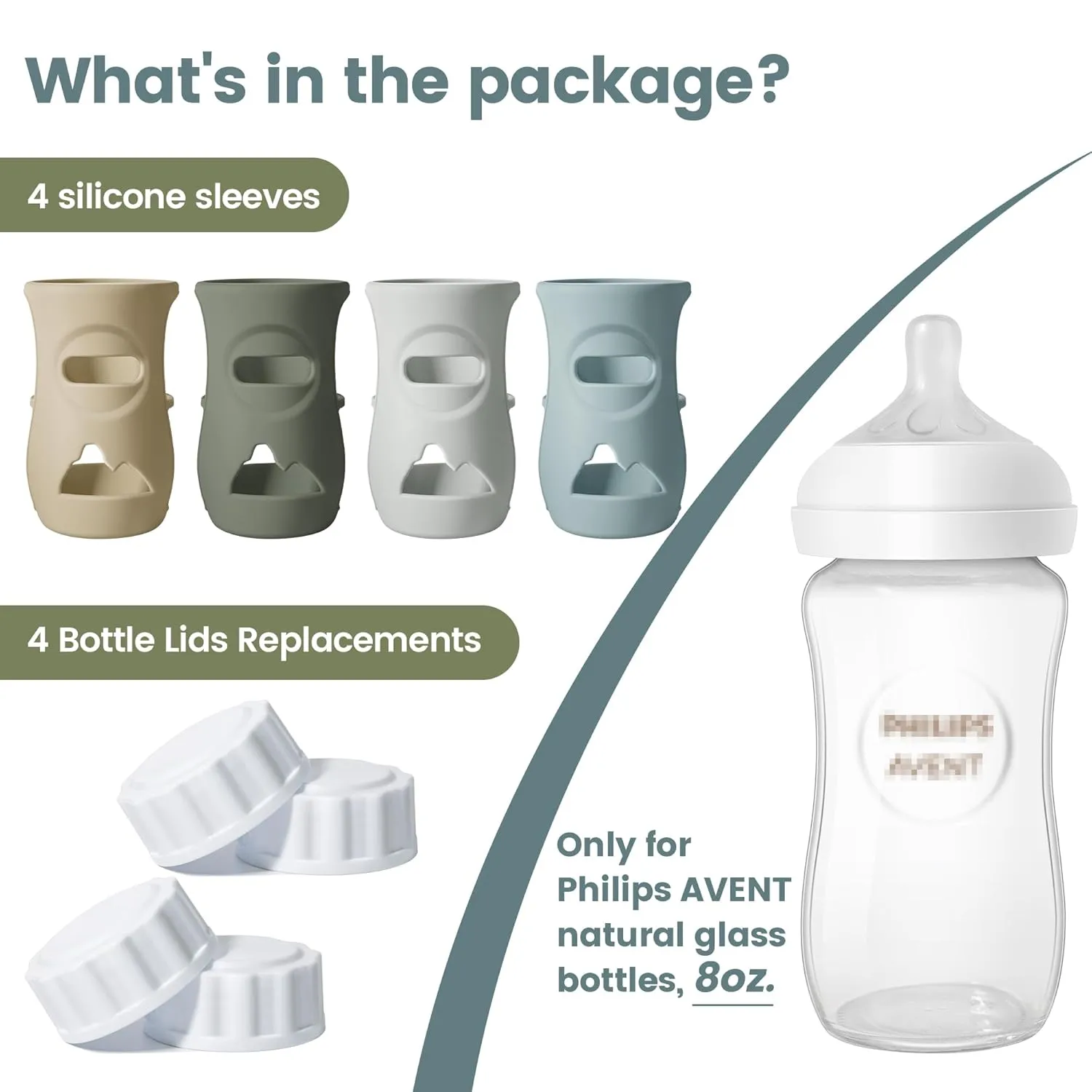 4 Pack Silicone Sleeves for Philips Avent Natural Glass Bottle, Food Grade Silicone Cover and 4pcs Travel Caps, Lids Replacement (Dark Blue Dark Green Grey Beige, 8oz)