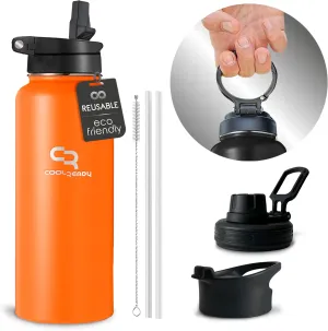 40oz Double Walled Insulated Stainless Steel Water Bottle with 3 Leak-Proof Lids - Straw, Sports, Coffee - Orange Bottle - Workout & Everyday Use